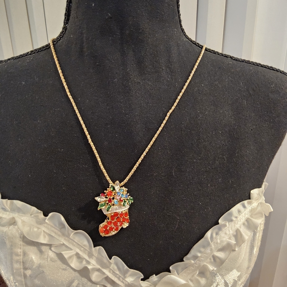 Gold Christmas Stocking Necklace with Colorful Gems - Picture 2 of 3